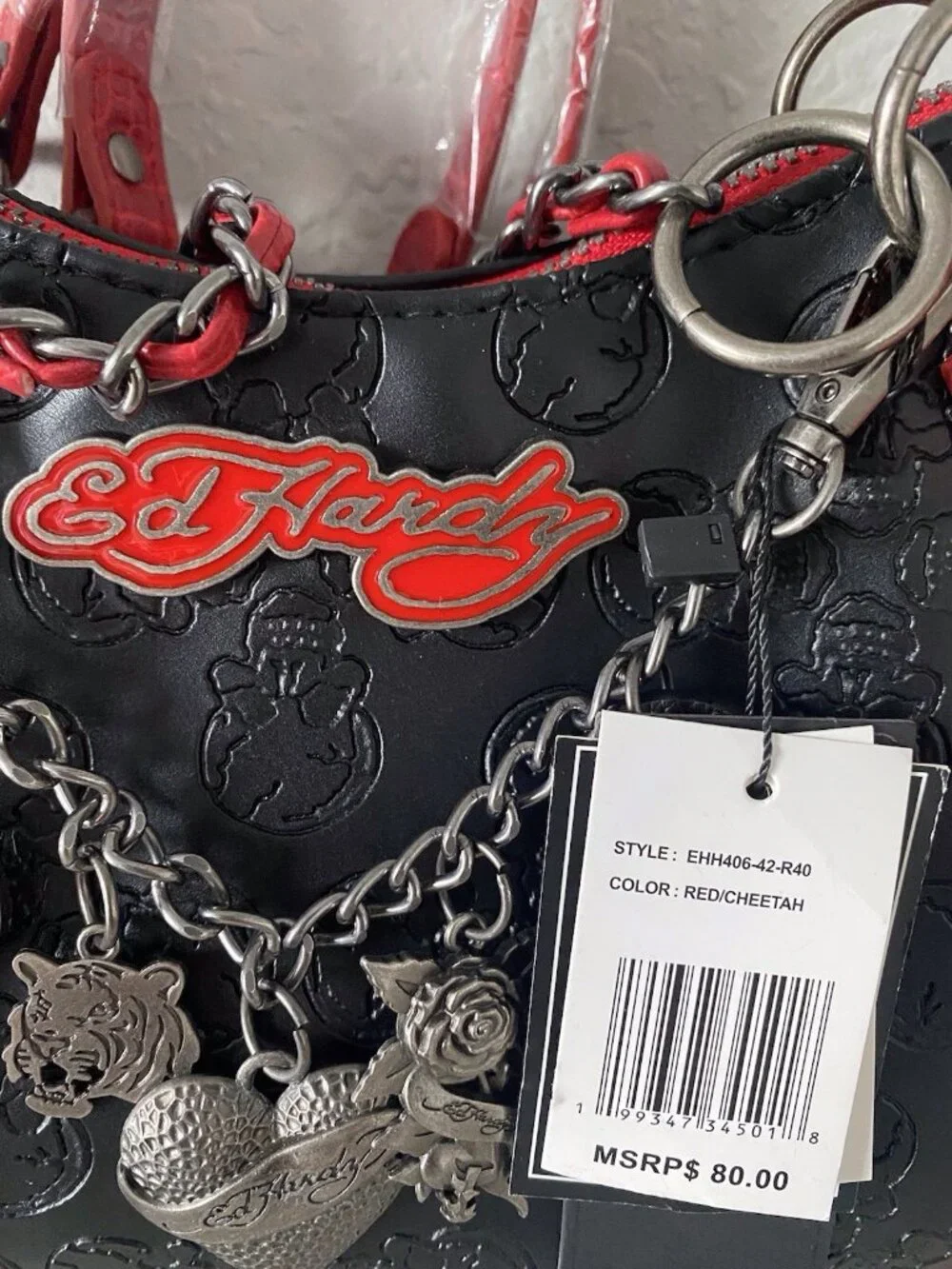 Ed Hardy Black Red Tote Satchel Chain Charm Studded Croc Embossed‎ Skulls NEW